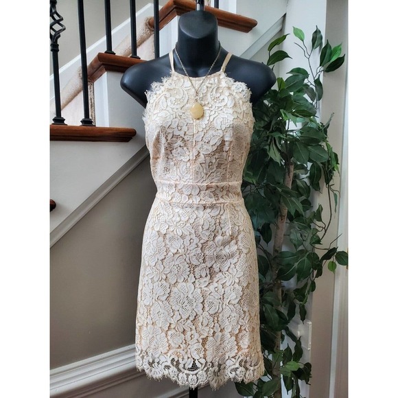 Dress Forum Ivory Lace Scalloped High Neck Midi Criss Cross Back Dress Size S - Picture 1 of 11